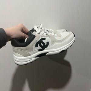 CHANEL White, Black & Cream Logo Runner Sneakers
